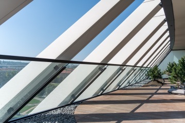 Šikmé prosklené stěny moderní budovy s dřevěnou podlahou a okrasnými keři, modrá obloha v pozadí.