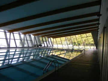 Interiérový bazén s prosklenými stěnami nabízející výhled na stromy venku.