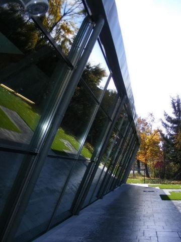 Šikmá linie moderní skleněné architektury s odrazem stromů a podzimních barev.