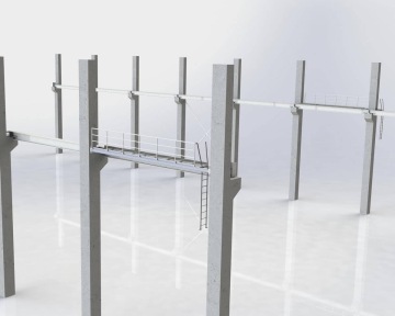 Konstrukce lávek z kovových nosníků a zábradlí na betonových pilířích.