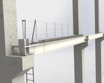 Ocelová konstrukce mostu s ochranným zábradlím mezi betonovými pilíři.