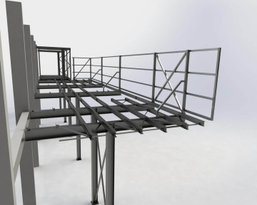 Konstrukce z ocelových profilů s ochranným zábradlím, perspektivní pohled.