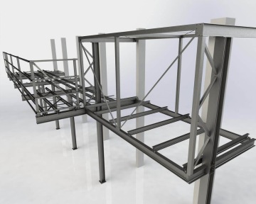 Ocelová konstrukce s několika platformami a výztuhami na bílém pozadí.