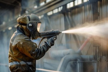 Pracovník v ochranném obleku provádí pískování ve výrobní hale.