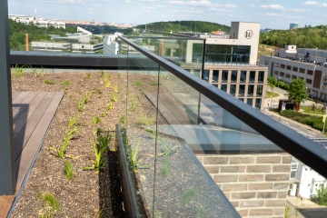 Střešní terasa projektu Nová Waltrovka se skleněným zábradlím a mladými rostlinami, výhled na moderní budovy a zelené kopce.