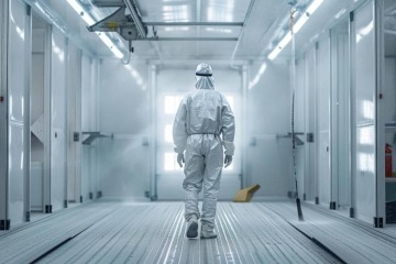 Osoba v ochranném obleku kráčející čistou místností průmyslového zařízení.
