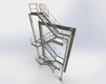 Nerezové průmyslové schodiště s madly a třemi patry na světlém pozadí.